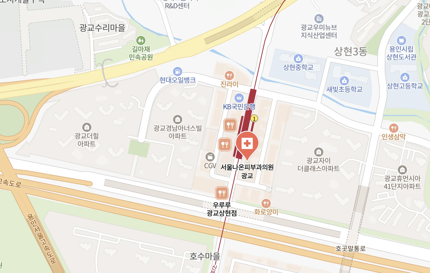 지도: 서울나온피부과의원 — 신분당선 상현역 2번 출구 앞 블루스퀘어